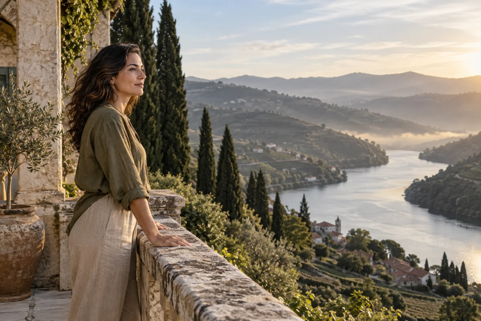 Mulher contempla uma paisagem aberta