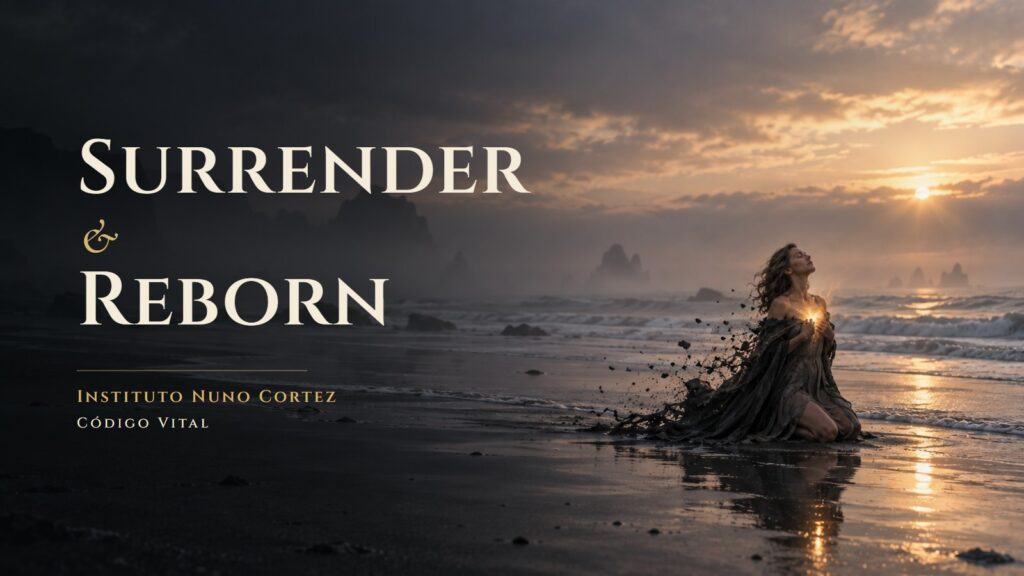 Surrender & Reborn: mulher ajoelhada numa praia ao amanhecer deixa cair um manto escuro enquanto nasce uma luz no peito